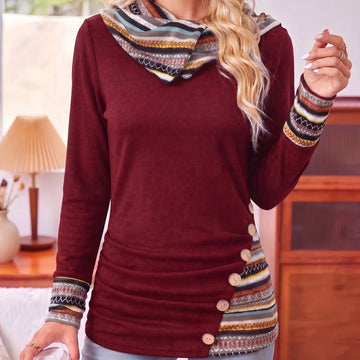 Women's cowl neck striped chunky knit winter sweater in Burgundy