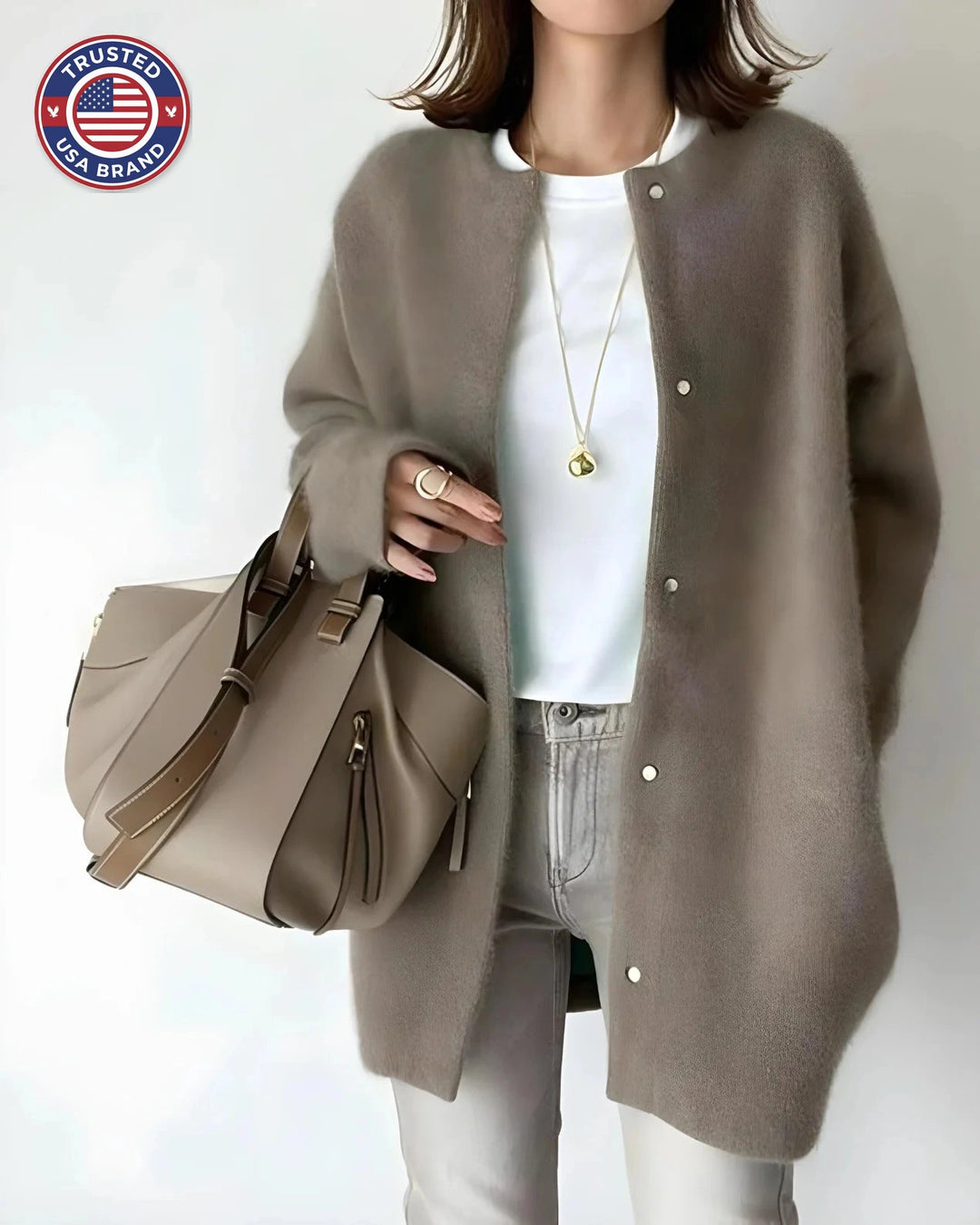 Women's crew neck winter cardigan with snap button closure