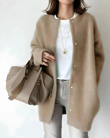 Women's crew neck winter cardigan with snap button closure in Beige