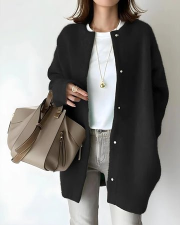 Women's crew neck winter cardigan with snap button closure in Black