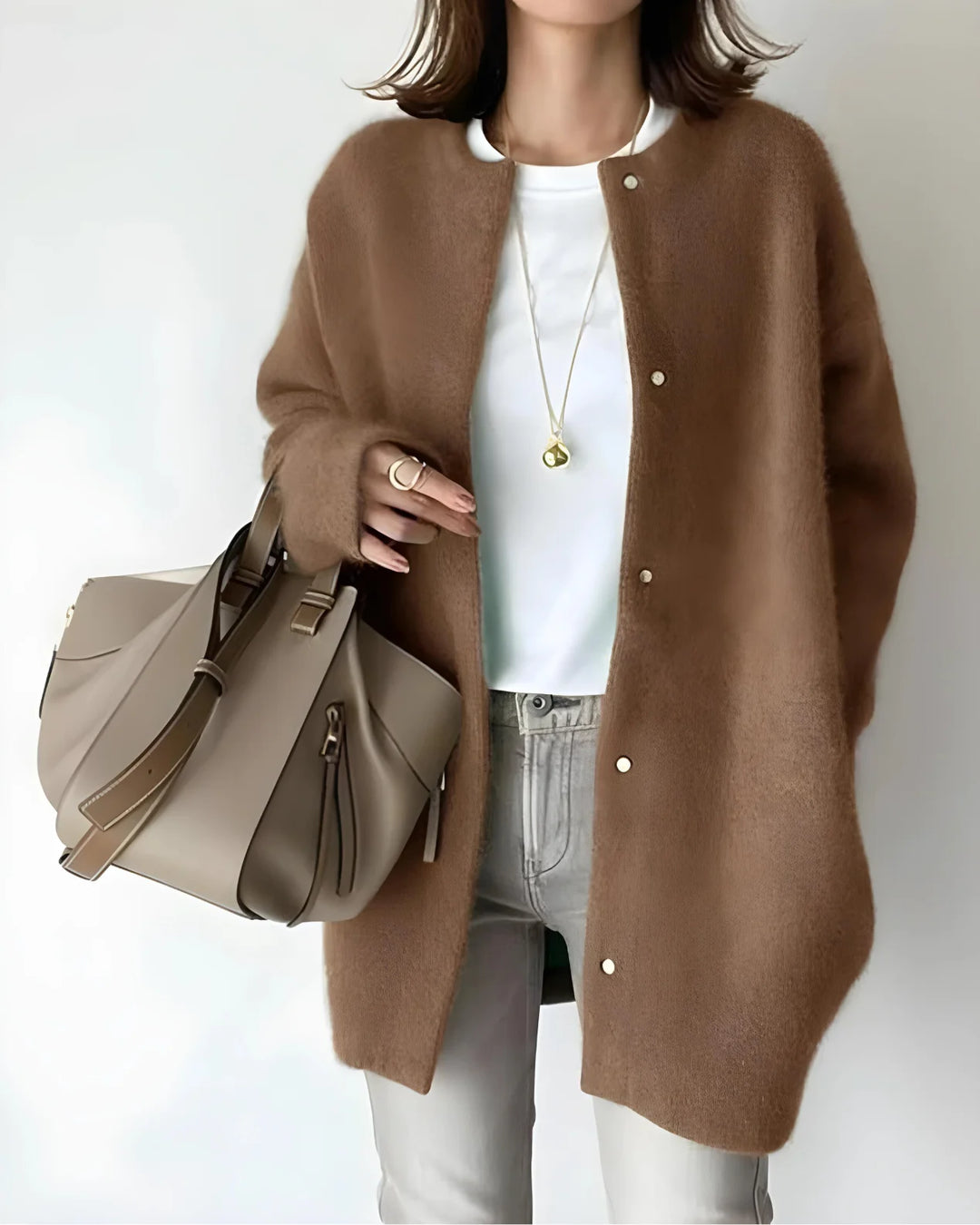 Women's crew neck winter cardigan with snap button closure in Brown