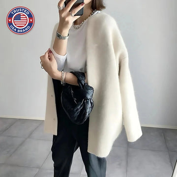 Women's crew neck winter cardigan with snap button closure