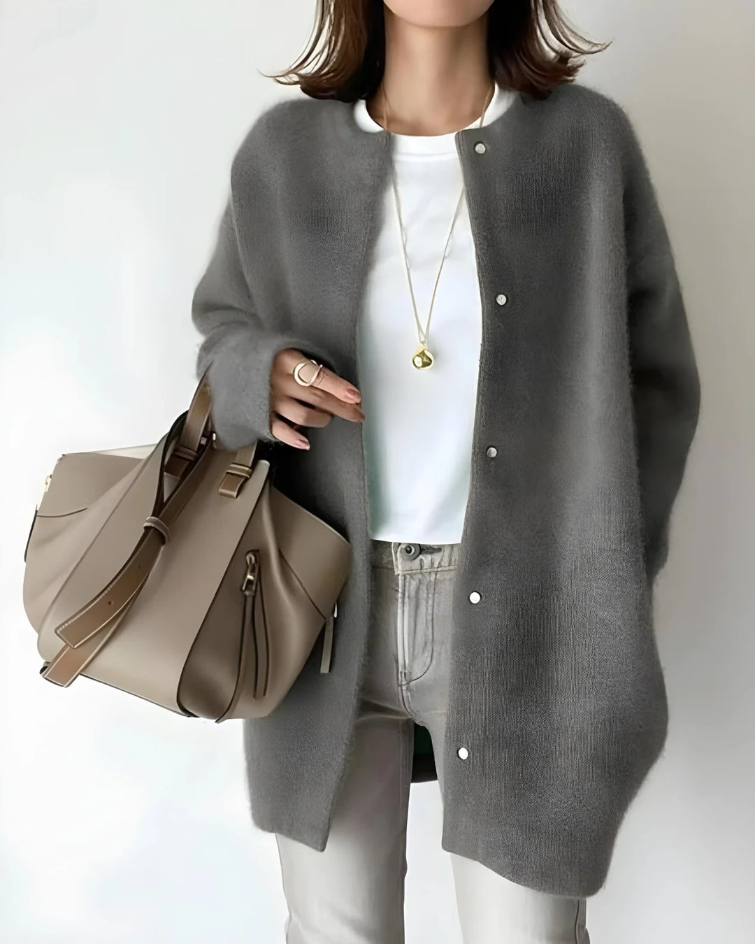 Women's crew neck winter cardigan with snap button closure in Dark Brown