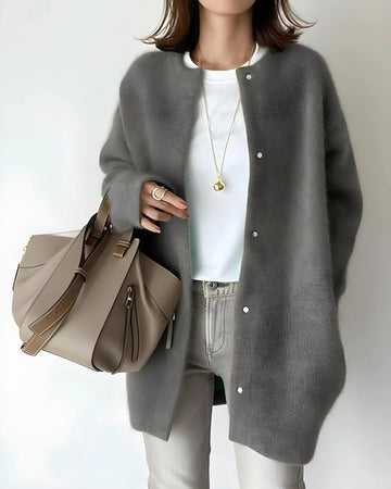 Women's crew neck winter cardigan with snap button closure in Dark Brown