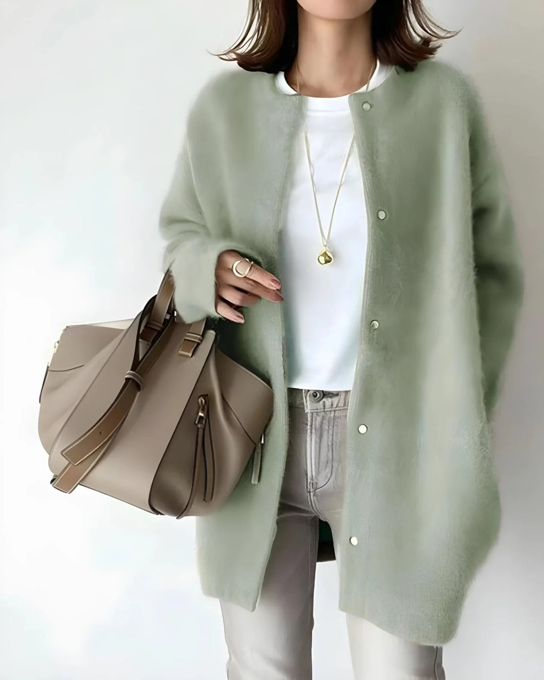 Women's crew neck winter cardigan with snap button closure in Green