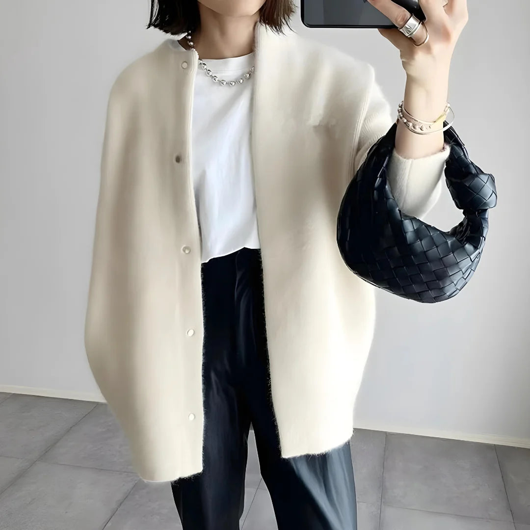 Women's crew neck winter cardigan with snap button closure in White