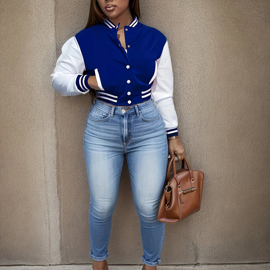 Women's cropped baseball winter bomber jacket in Blue
