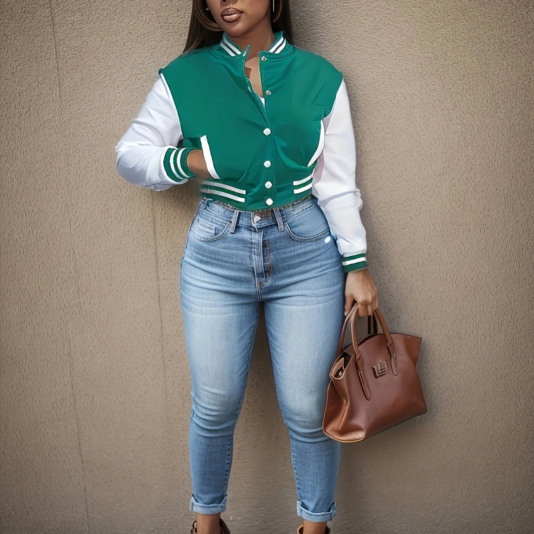 Women's cropped baseball winter bomber jacket in Emerald Green