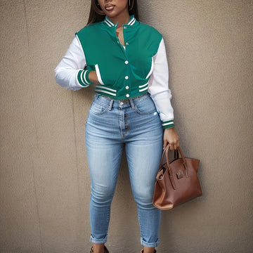 Women's cropped baseball winter bomber jacket in Emerald Green