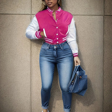 Women's cropped baseball winter bomber jacket in Hot Pink