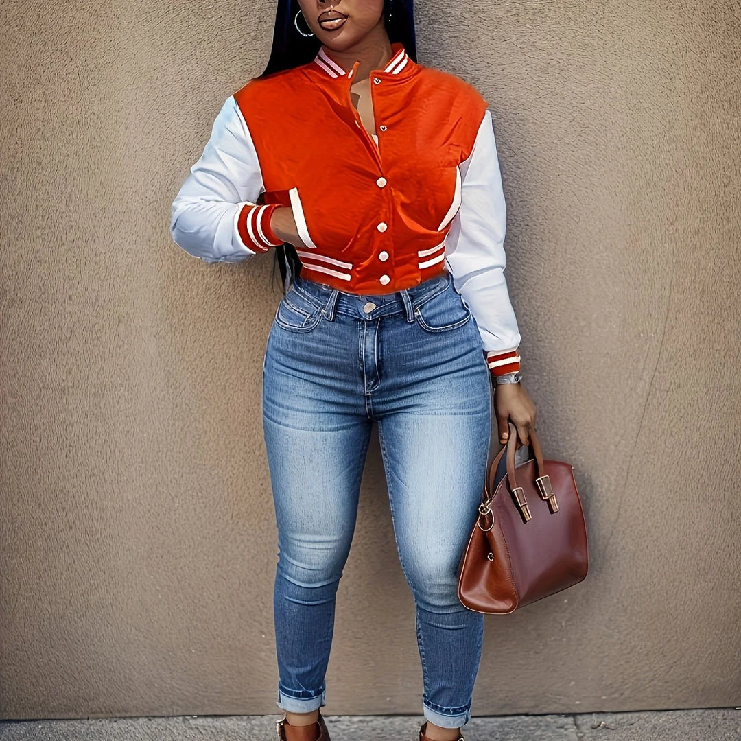 Women's cropped baseball winter bomber jacket in Orange