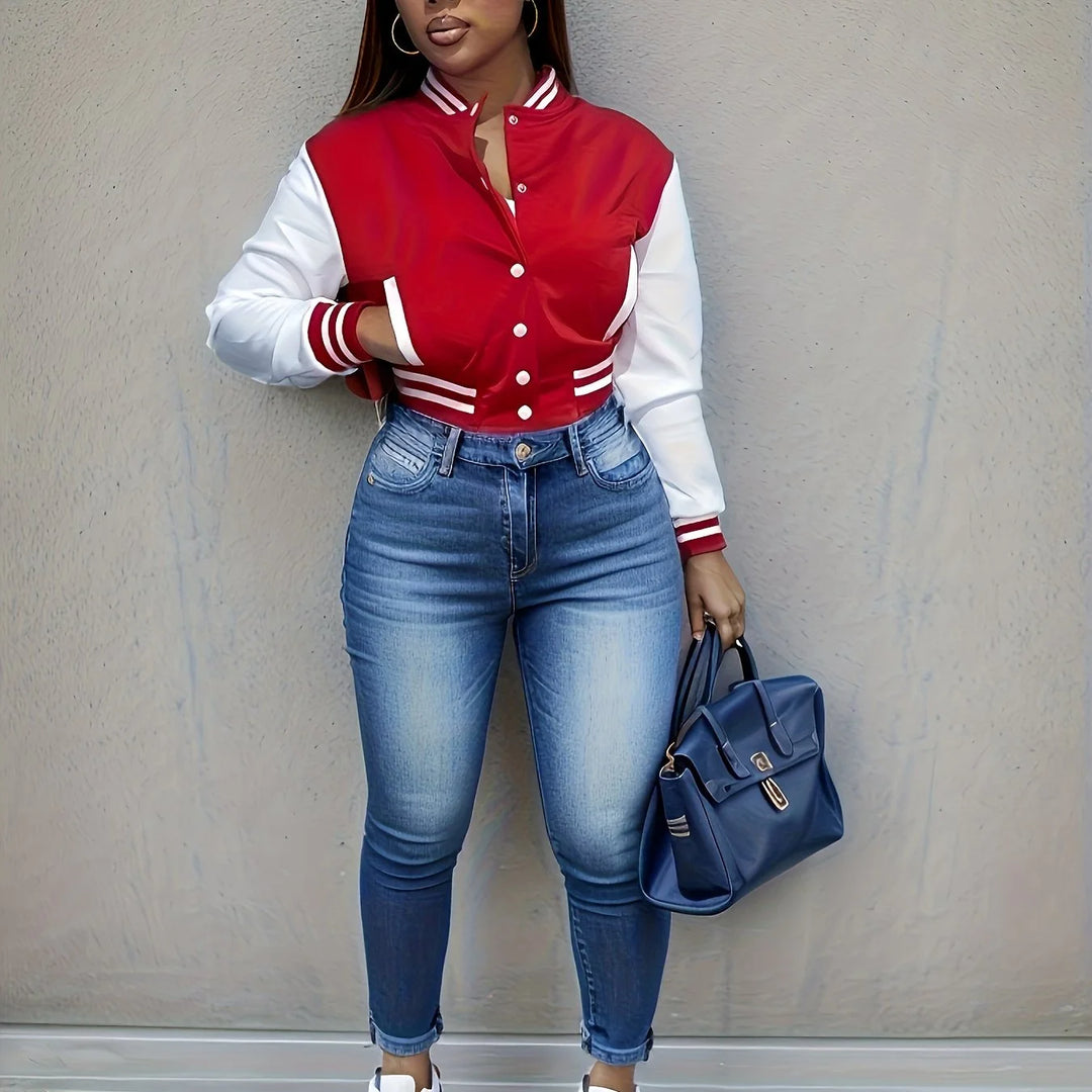 Women's cropped baseball winter bomber jacket in Red
