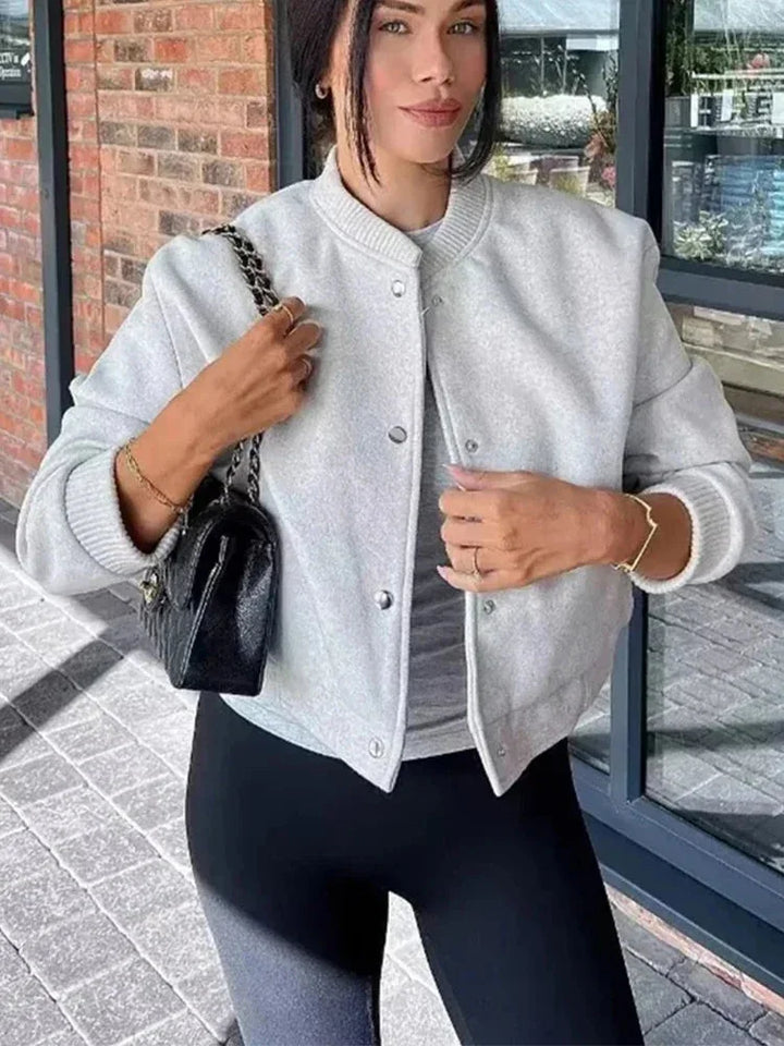 Women's wool button-front stand collar winter cropped jacket - Beige