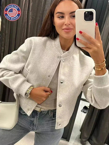 Women's wool button-front stand collar winter cropped jacket - Beige