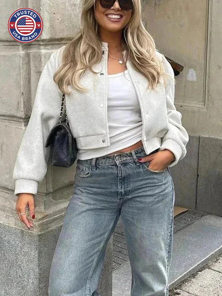 Women's wool button-front stand collar winter cropped jacket - Beige
