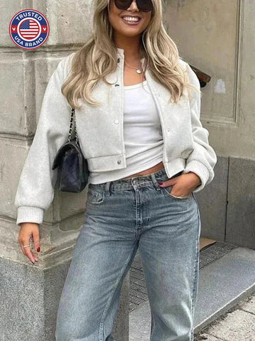Women's wool button-front stand collar winter cropped jacket - Beige