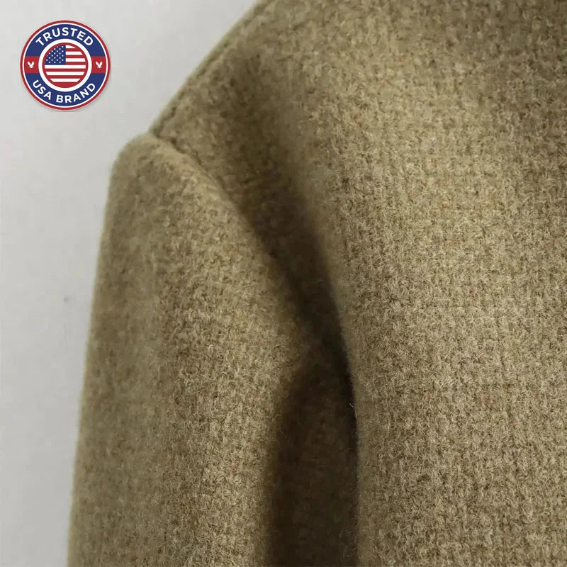 Women's tweed button-front crew neck winter blazer with four patch pockets - Khaki
