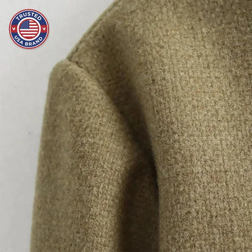 Women's tweed button-front crew neck winter blazer with four patch pockets - Khaki