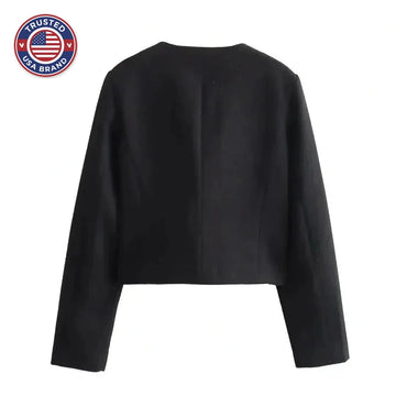 Women's tweed button-front crew neck winter blazer with four patch pockets - Khaki