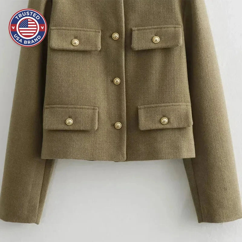 Women's tweed button-front crew neck winter blazer with four patch pockets - Khaki