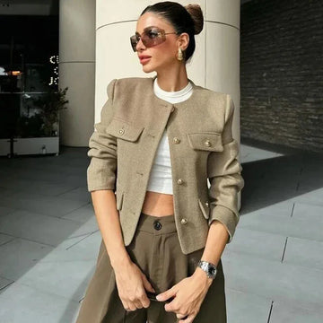 Women's tweed button-front crew neck winter blazer with four patch pockets - Khaki