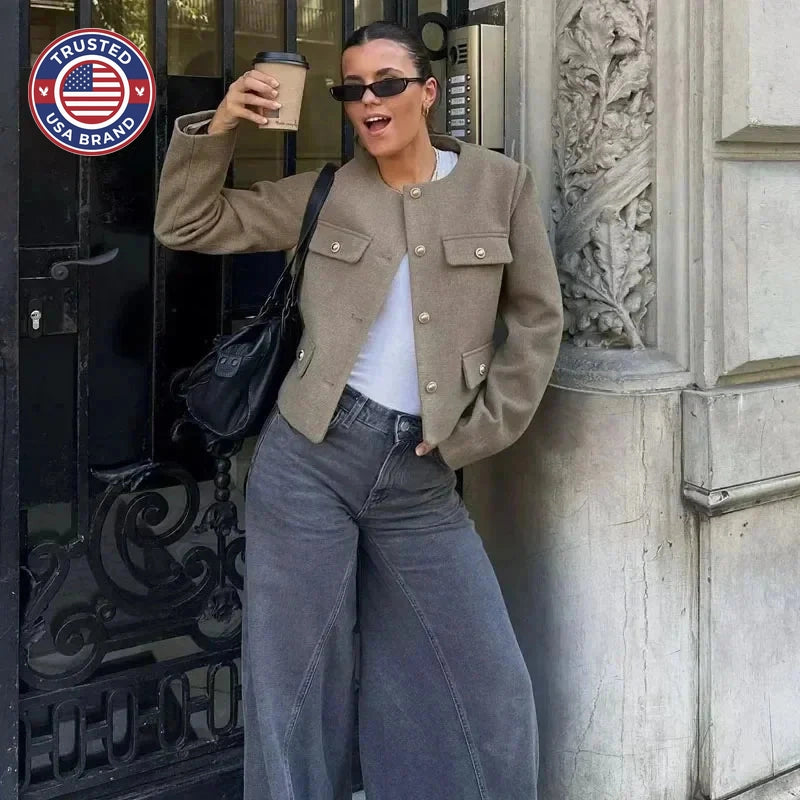 Women's tweed button-front crew neck winter blazer with four patch pockets - Khaki