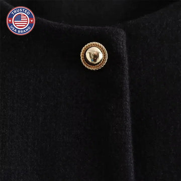 Women's tweed button-front crew neck winter blazer with four patch pockets - Khaki