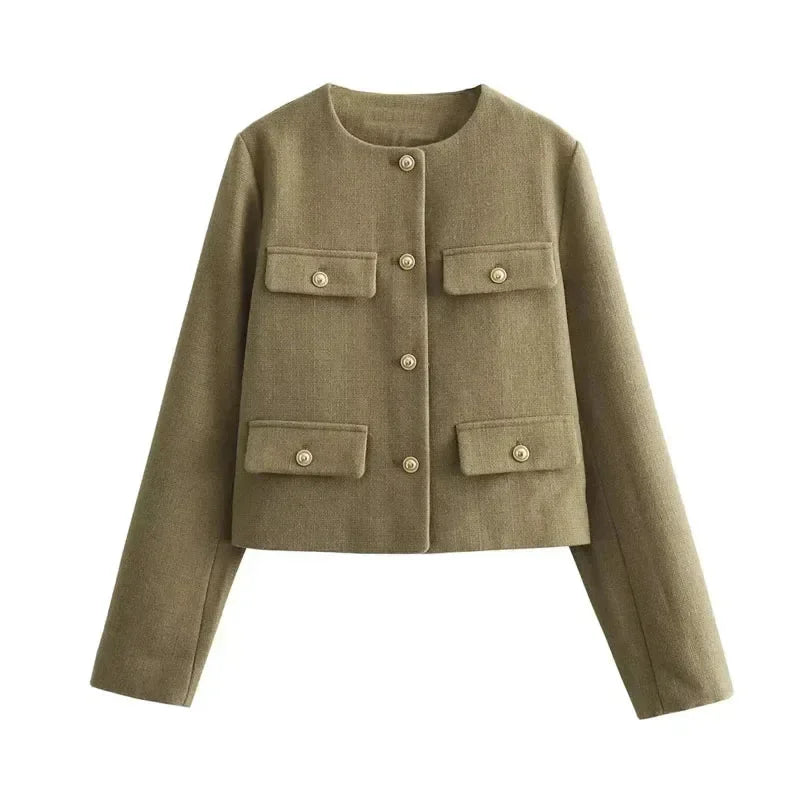 Women's tweed button-front crew neck winter blazer with four patch pockets - Khaki