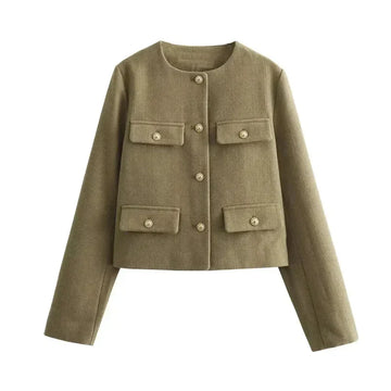 Women's tweed button-front crew neck winter blazer with four patch pockets - Khaki