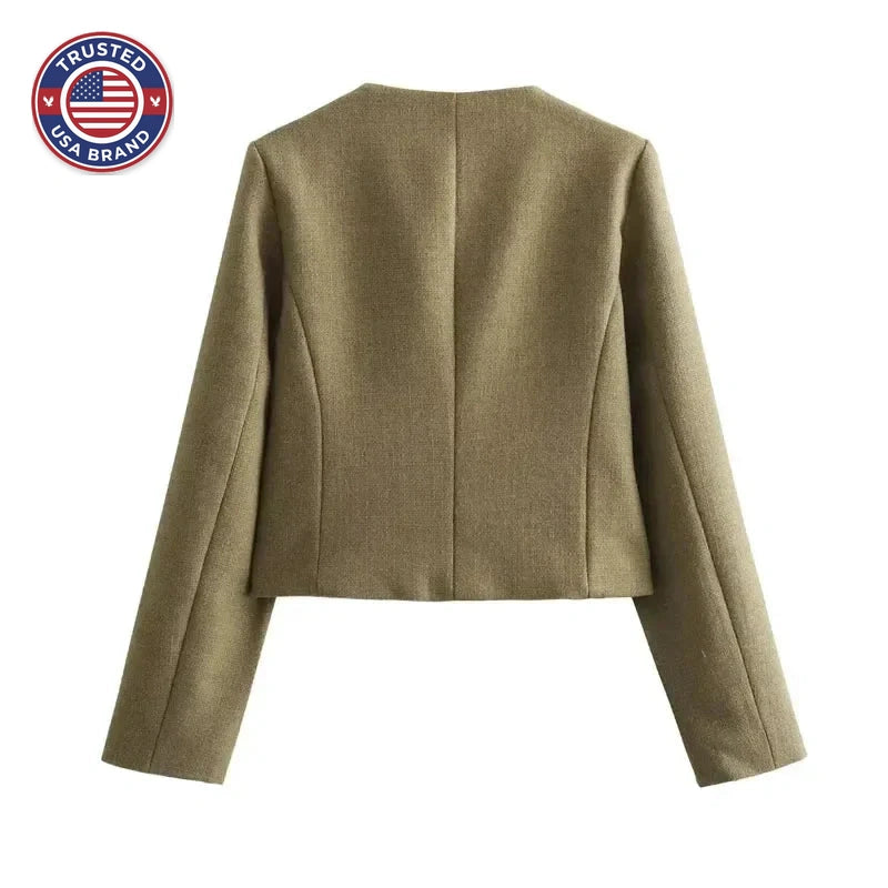 Women's tweed button-front crew neck winter blazer with four patch pockets - Khaki