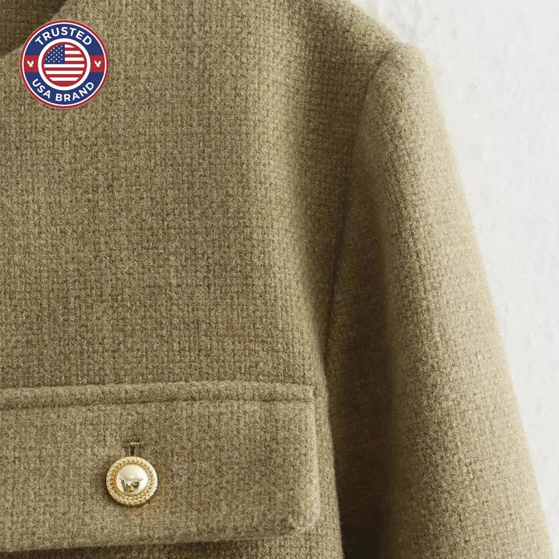 Women's tweed button-front crew neck winter blazer with four patch pockets - Khaki