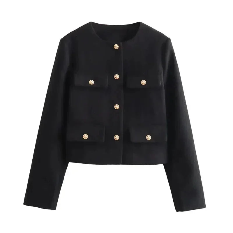 Women's tweed button-front crew neck winter blazer with four patch pockets - Khaki