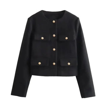 Women's tweed button-front crew neck winter blazer with four patch pockets - Khaki