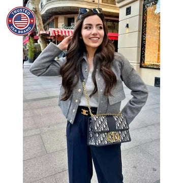 Women's button-front collared winter cropped jacket with flap pockets - Navy Blue