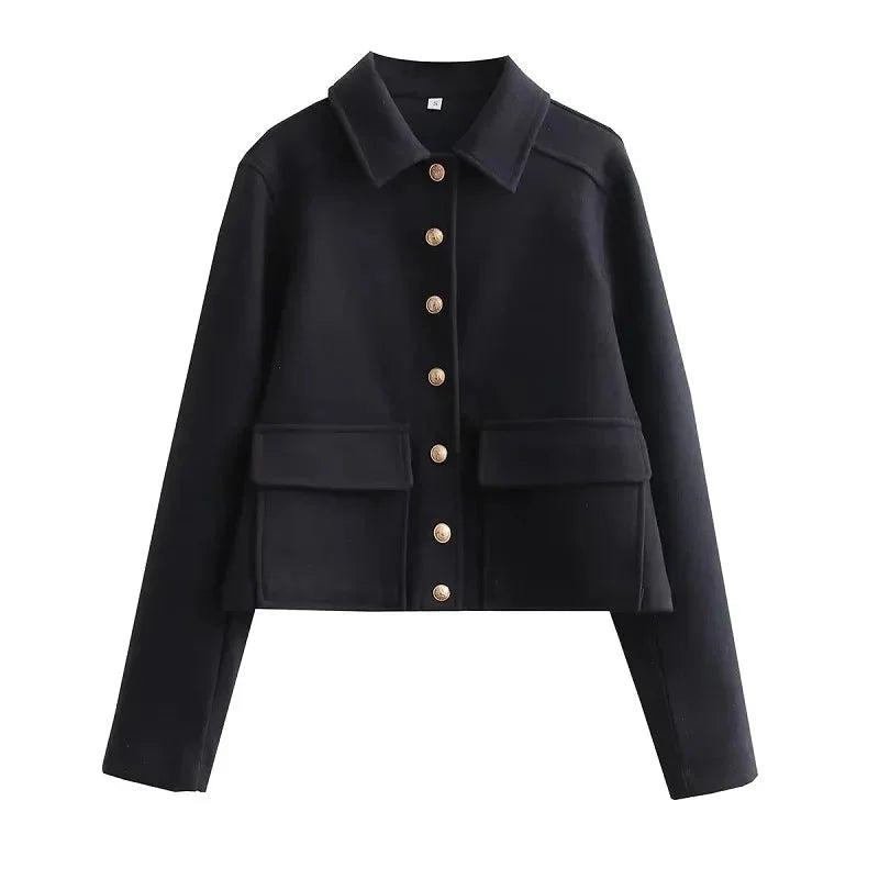 Women's button-front collared winter cropped jacket with flap pockets - Navy Blue