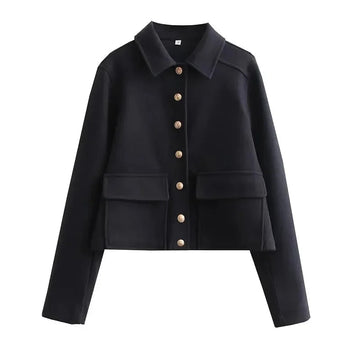 Women's button-front collared winter cropped jacket with flap pockets - Navy Blue