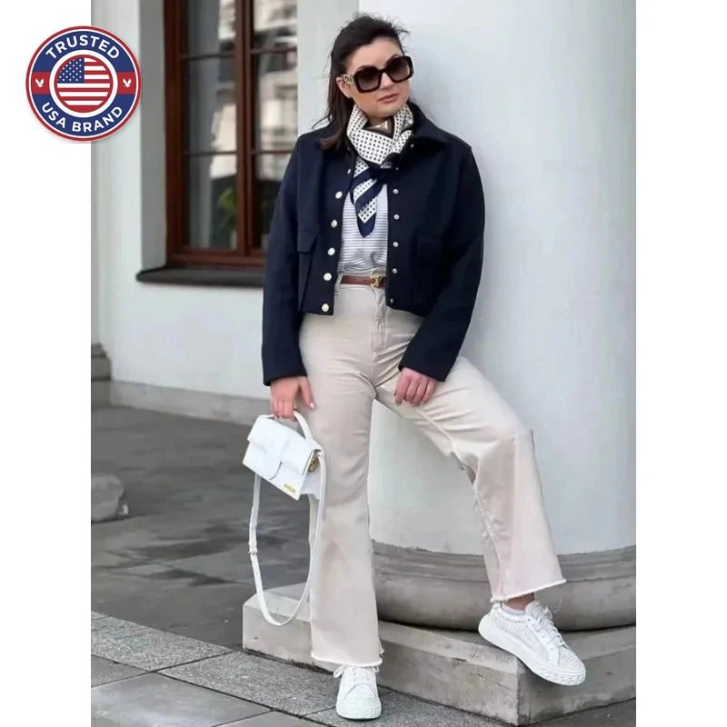 Women's button-front collared winter cropped jacket with flap pockets - Navy Blue