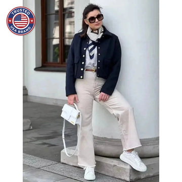 Women's button-front collared winter cropped jacket with flap pockets - Navy Blue