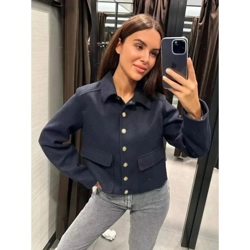 Women's button-front collared winter cropped jacket with flap pockets - Navy Blue