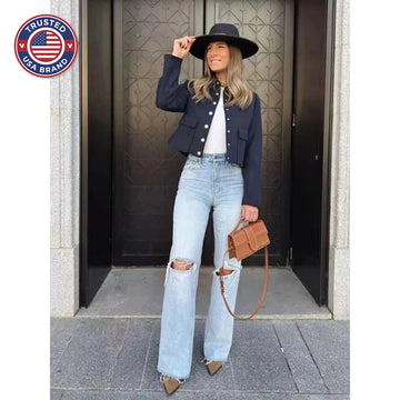 Women's button-front collared winter cropped jacket with flap pockets - Navy Blue