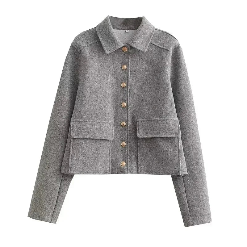 Women's button-front collared winter cropped jacket with flap pockets - Navy Blue