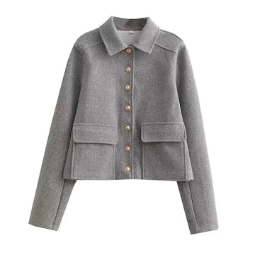 Women's button-front collared winter cropped jacket with flap pockets - Navy Blue