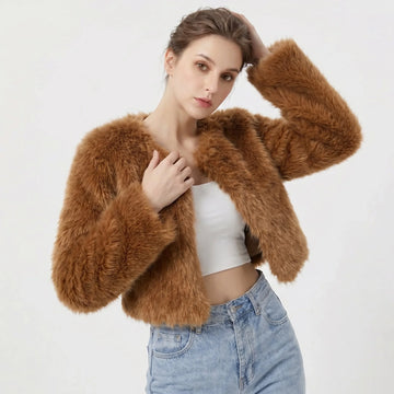 Women's Cropped Faux Fur Cardigan Jacket - Grey