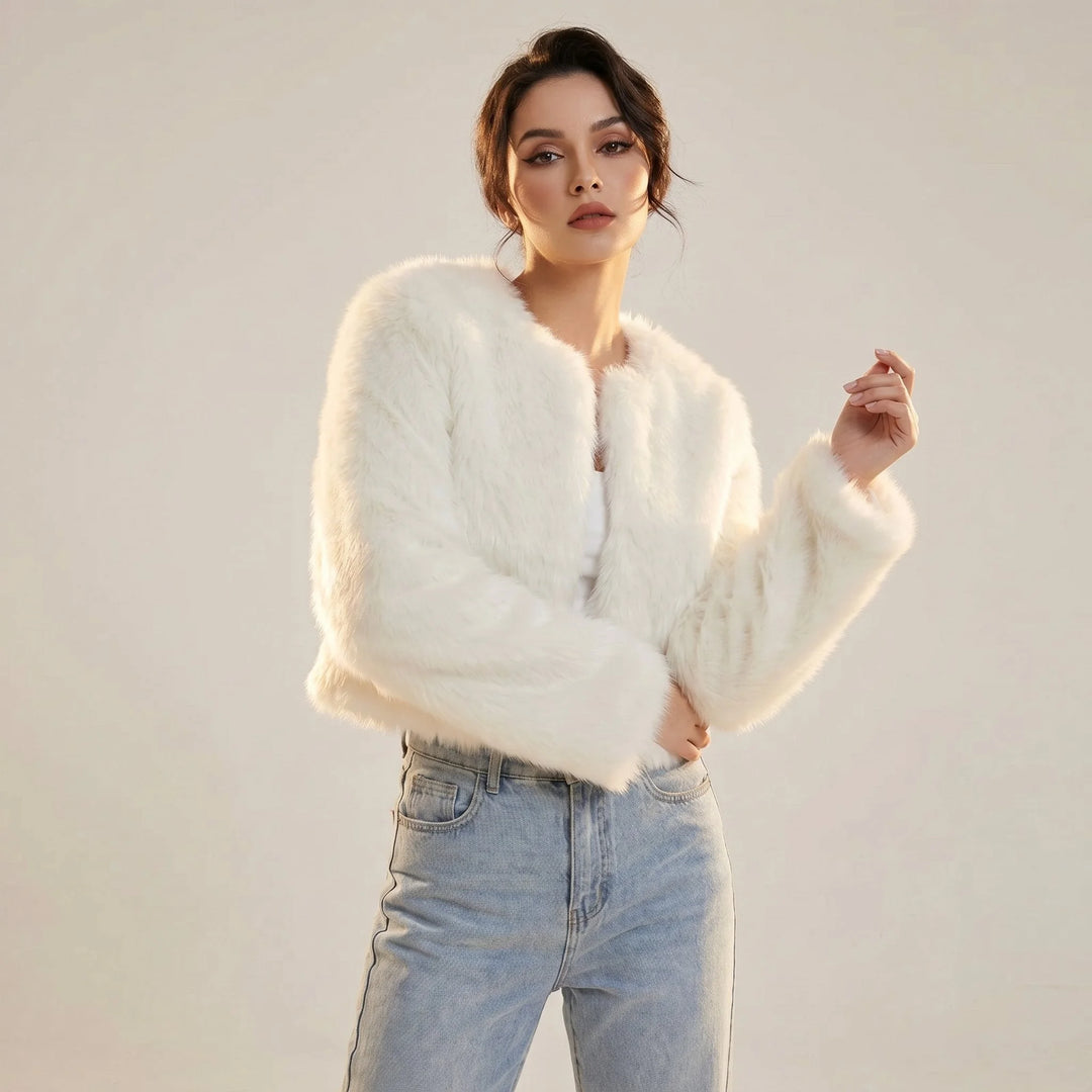 Women's Cropped Faux Fur Cardigan Jacket - Grey