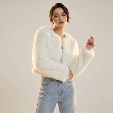 Women's Cropped Faux Fur Cardigan Jacket - Grey
