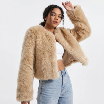 Women's Cropped Faux Fur Cardigan Jacket - Grey
