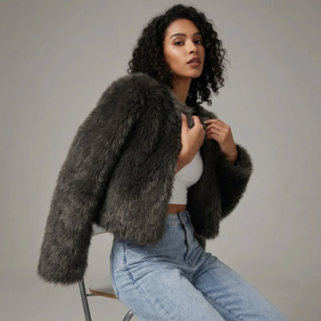 Women's Cropped Faux Fur Cardigan Jacket - Grey