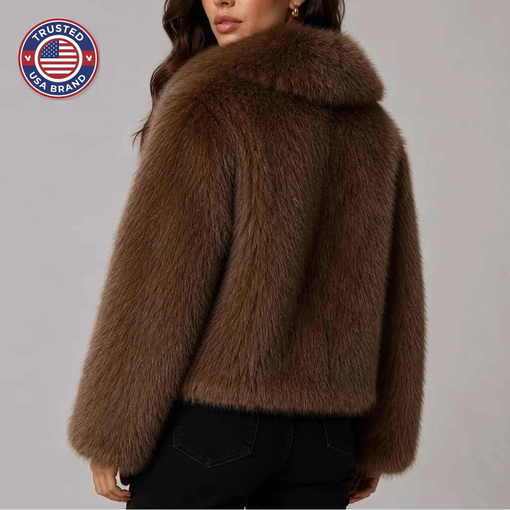 Women’s cropped winter faux fur jacket with oversized collar