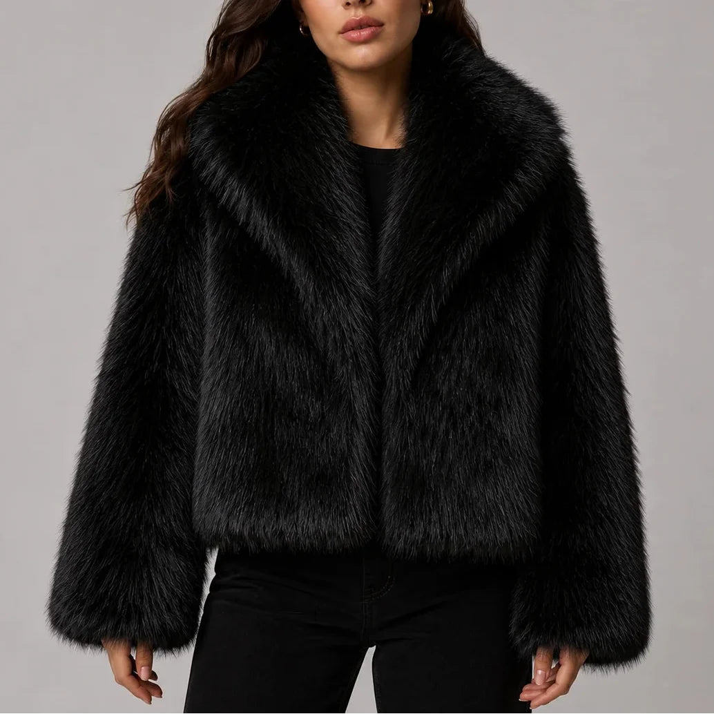 Women’s cropped winter faux fur jacket with oversized collar in Black