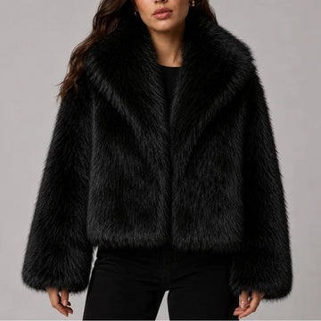 Women’s cropped winter faux fur jacket with oversized collar in Black